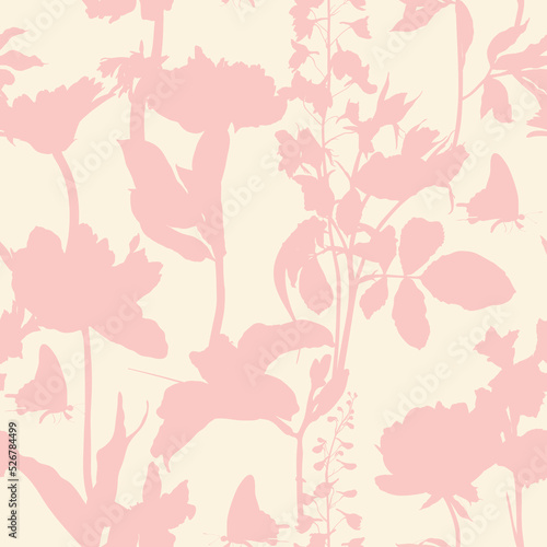 Seamless delicate pattern with spring line flowers silhouette. Bright spring  flowers illustration.