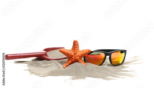 Sand  toys and colorful sunglasses isolated on white 