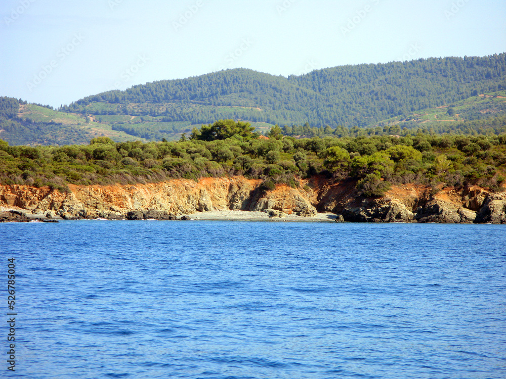 Panoramic view of the mediterranean coast, Greece, rocks, pine trees on the shore, beautiful landscape	