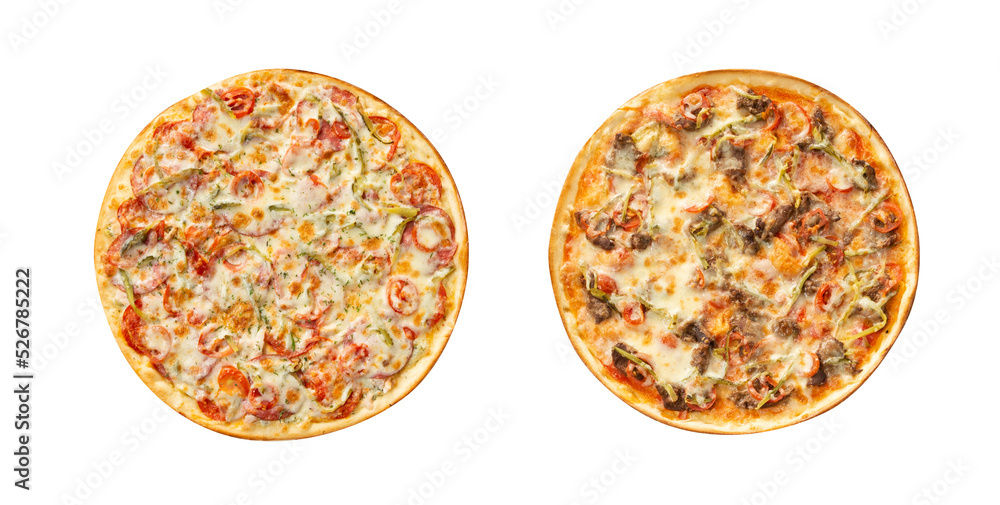 set of 2 types of italian meat pizza assorty, meat, salami. Pizza for