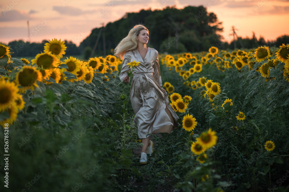 Summer evening. Girl in a field with sunflowers. Summer evening. Girl in a field with sunflowers.