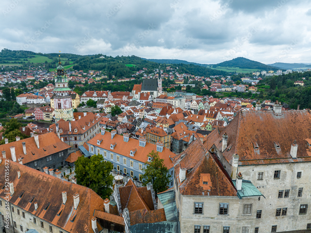 Czechia. Cesky Krumlov. A beautiful and colorful historical Czech town. The city is UNESCO World Heritage Site on Vltava river. Aerial view from drone. Czech, Krumlov. Europe. 