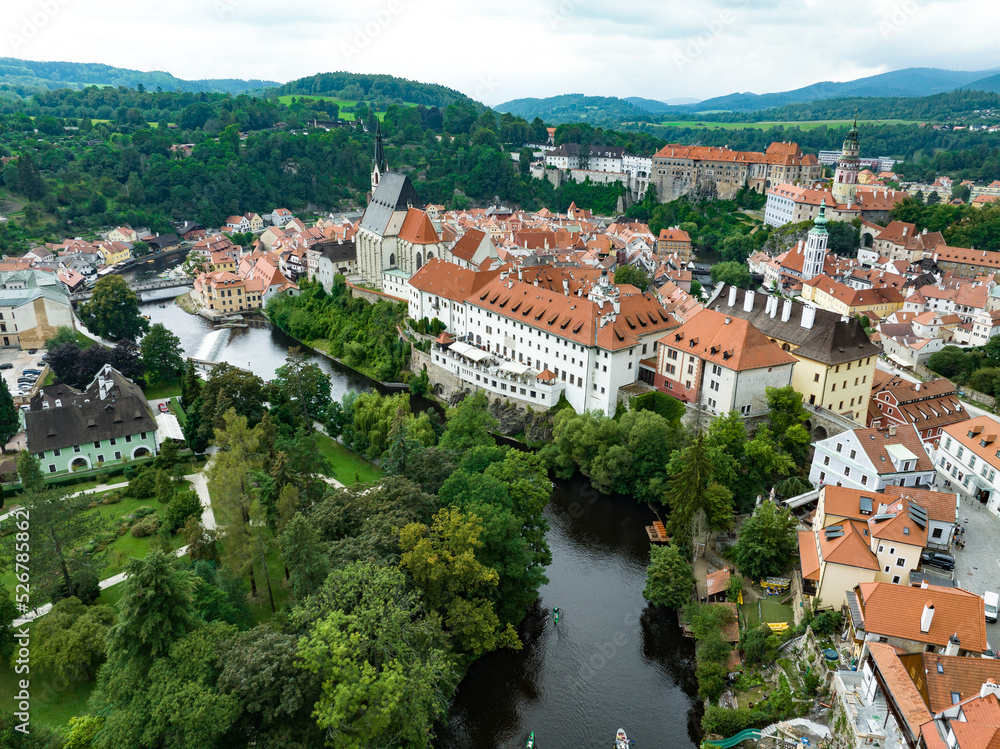 Czechia. Cesky Krumlov. A beautiful and colorful historical Czech town. The city is UNESCO World Heritage Site on Vltava river. Aerial view from drone. Czech, Krumlov. Europe. 