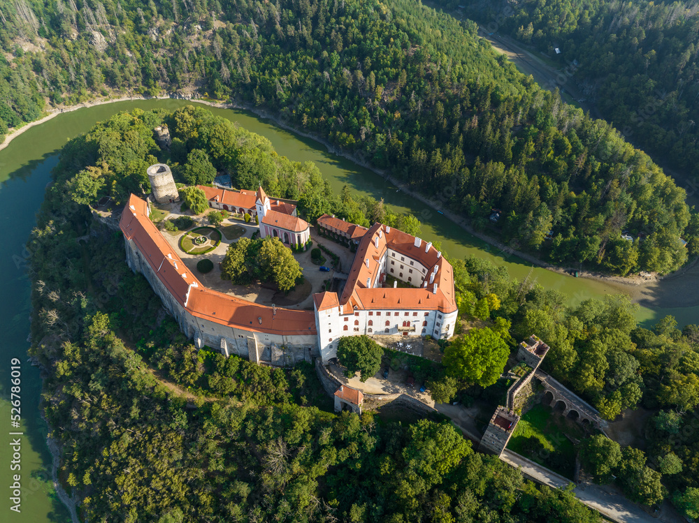 Aerial View of Dyja River and Bítov Castle in Czechia. Europe.