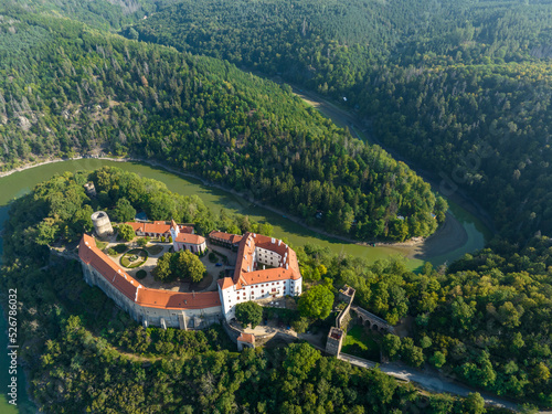 Aerial View of Dyja River and B  tov Castle in Czechia. Europe.