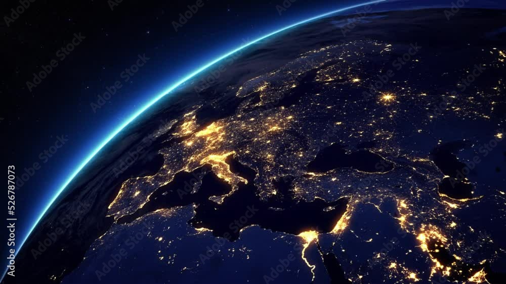 View of Europe from Space Satellite. Cities at Night. 3d Animation Modern Business and Technology Concept. View of Europe from Space Satellite. Cities at Night. 3d Animation Modern Business and Technology Concept.