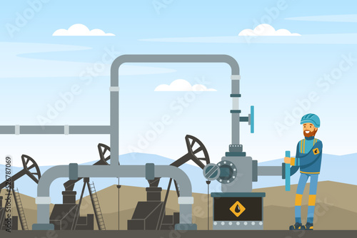 Oil or Petroleum Industry with Man Character in Blue Uniform Working with Pipeline Vector Illustration