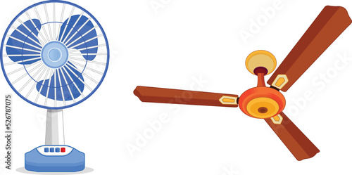 Table fan of blue color and ceiling fan of brown color