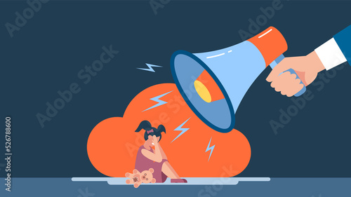 Child abuse. Dad shouts in loudspeaker. Man scolds unhappy girl sitting in corner of room. Family problems concept. Unhappy daughter. Parent abusing kid. Home conflict. Flat style. Illustration