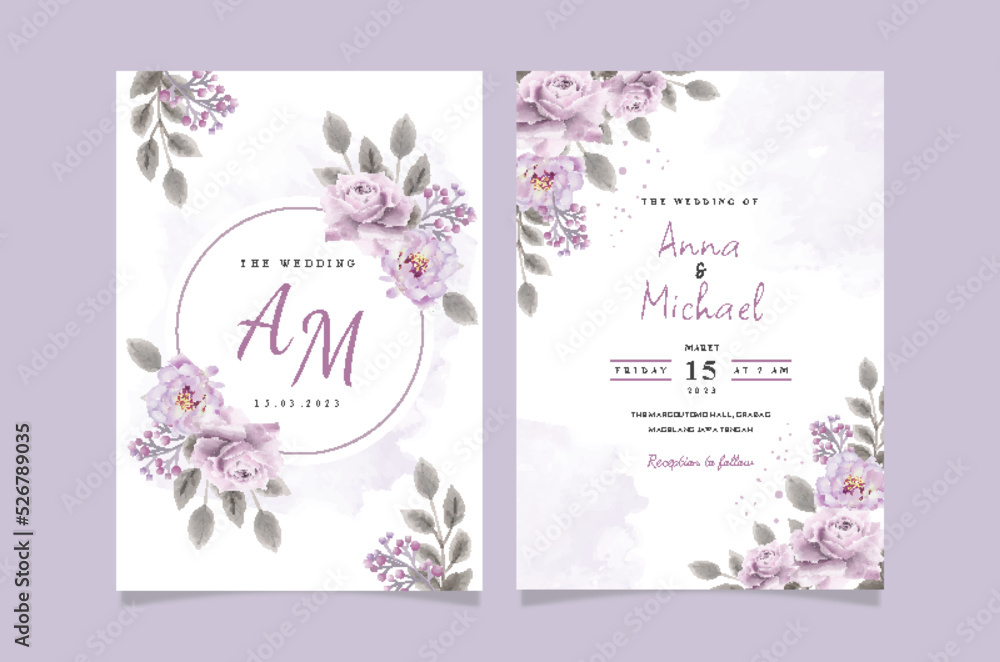 Set of card with purple flower rose and leaves. Wedding ornament concept. Floral poster invitation. Vector decorative greeting card or invitation design background
