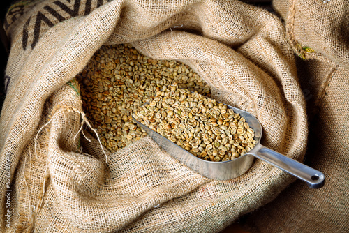 Green, unroasted coffee lies in burlap bags.