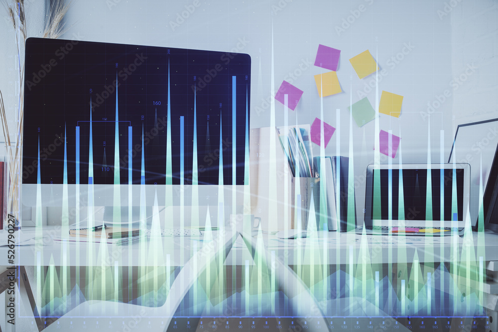 Double exposure of financial graph drawing and office interior background. Concept of stock market. Double exposure of financial graph drawing and office interior background. Concept of stock market.