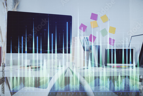 Double exposure of financial graph drawing and office interior background. Concept of stock market. © peshkova