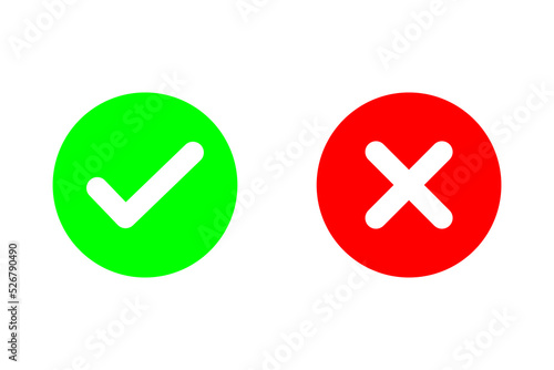 Check mark and cross or x icon in flat style on white background