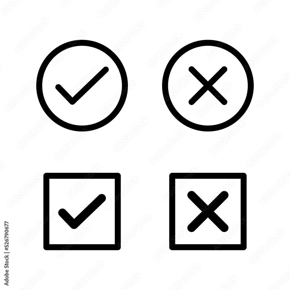 A colection of web button variants: green check mark and red cross. Many options, Vector icons. A colection of web button variants: green check mark and red cross. Many options, Vector icons.