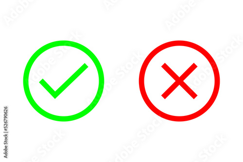 Check mark and cross or x icon in flat style on white background