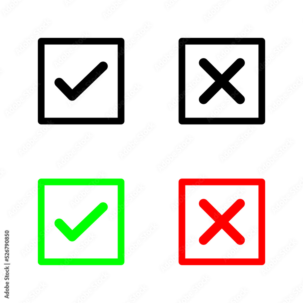 A colection of web button variants: green check mark and red cross. Many options, Vector icons. A colection of web button variants: green check mark and red cross. Many options, Vector icons.