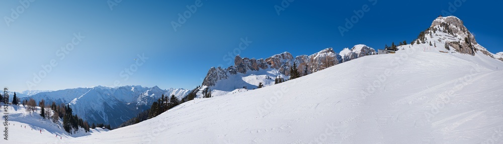 wide winter landscape, skiing area Rofan alps, blue sky with copy space