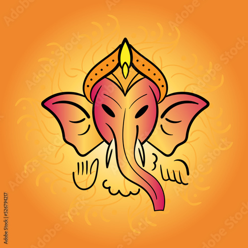 Poster of Happy Ganesh Chaturthi. God Ganesh face. Orange color mandala background.