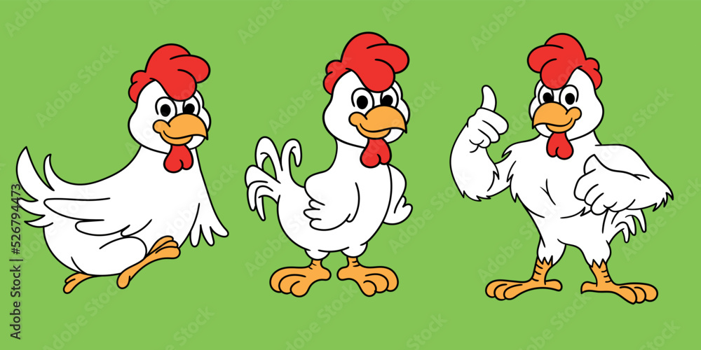 Set of funny chicken cartoons, hen in various poses, illustration isolated on white background.