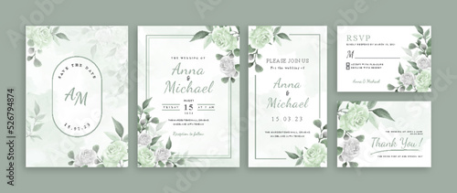 Set of card with green flower rose and leaves. Wedding ornament concept. Floral poster invitation. Vector decorative greeting card or invitation design background.