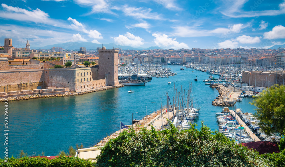 Marseille harbor landscape with old Fort Saint-Jean, France.