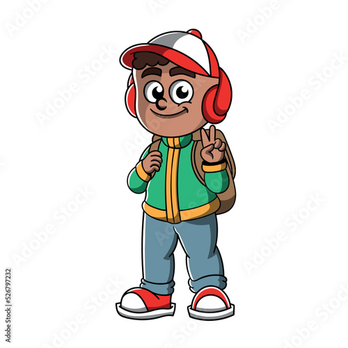 cute schoolboy with a backpack in headphones. vector illustration