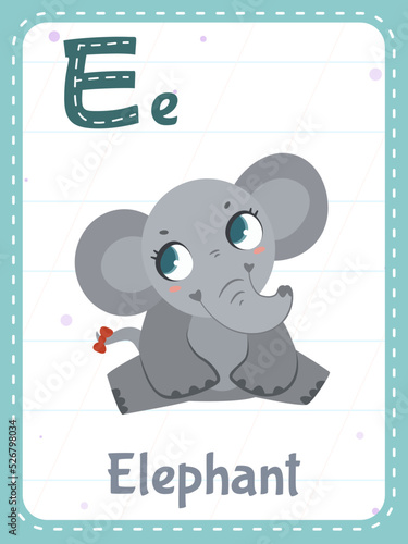 Alphabet flashcard with letter E. Cartoon cute elephant animal picture and english word on flash card for children education. School memory cards for kindergarten kids flat vector illustration.