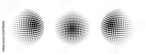 Set of geometric dots with halftone effect. Curved gradient pattern with black and white spots. Abstract elements isolated on white background. Vector illustration.