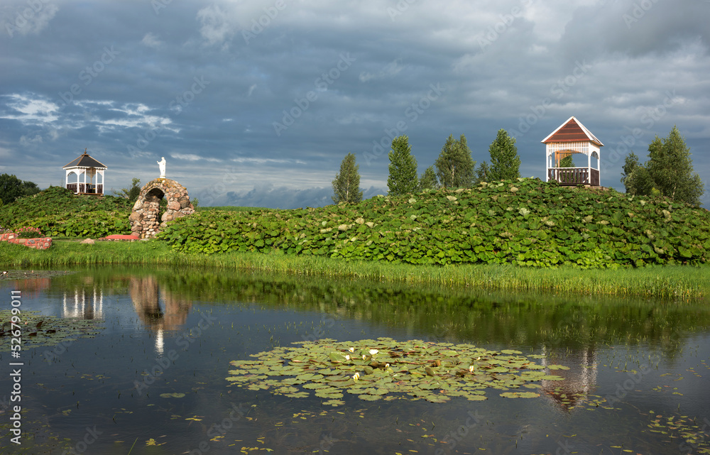 Park near catholic Church of St. Anne in the village of Mosar, Belarus