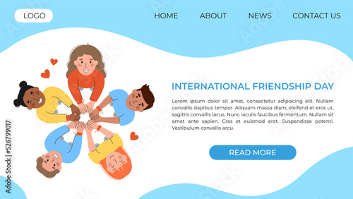 Friends holding hands in friendship bracelets. International Friendship Day vector illustration. People stand in a circle. Landing page or website template