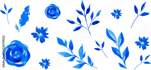 Hand drawn watercolor blue flower set. Monochrome set. Watercolor in vector format. Rose. Branch. Leaves. Blue. Elements for decor. Simple watercolor.