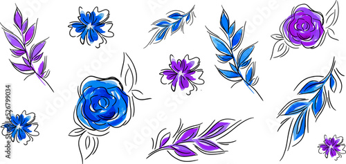 Floral vector set. Watercolor in vector. Roses. Monochrome set. Watercolor plants with line art. Silhouette. Leaves. Blue. Violet. Plant doodle. Elements for decor.