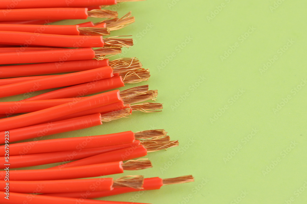 Copper electrical wires for installation in color insulation close-up.