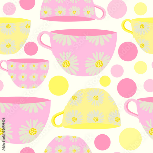 Cups with daisy pattern and circles seamless pattern. Daisy flowers on pink and yellow cups with circles seamless pattern.