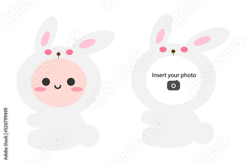 Cute little bunny rabbit sitting on floor. Snap your face into photo frame. Isolated on white background, flat design, EPS10 vector