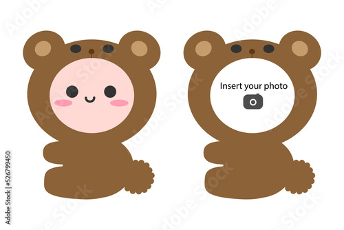Cute little teddy bear sitting on floor. Snap your face into photo frame. Isolated on white background, flat design, EPS10 vector