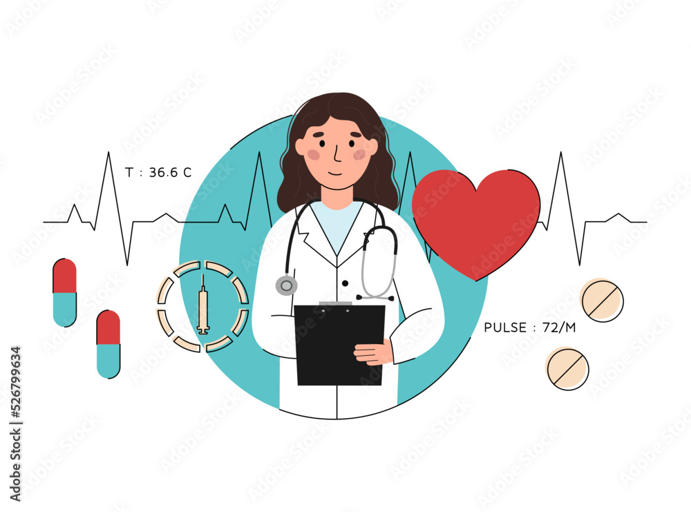 Doctor woman with clipboard and stethoscope vector illustration. Background with capsules, pills, syringe, cardiogram, heart, temperature and pulse data. Medical concept Doctor woman with clipboard and stethoscope vector illustration. Background with capsules, pills, syringe, cardiogram, heart, temperature and pulse data. Medical concept