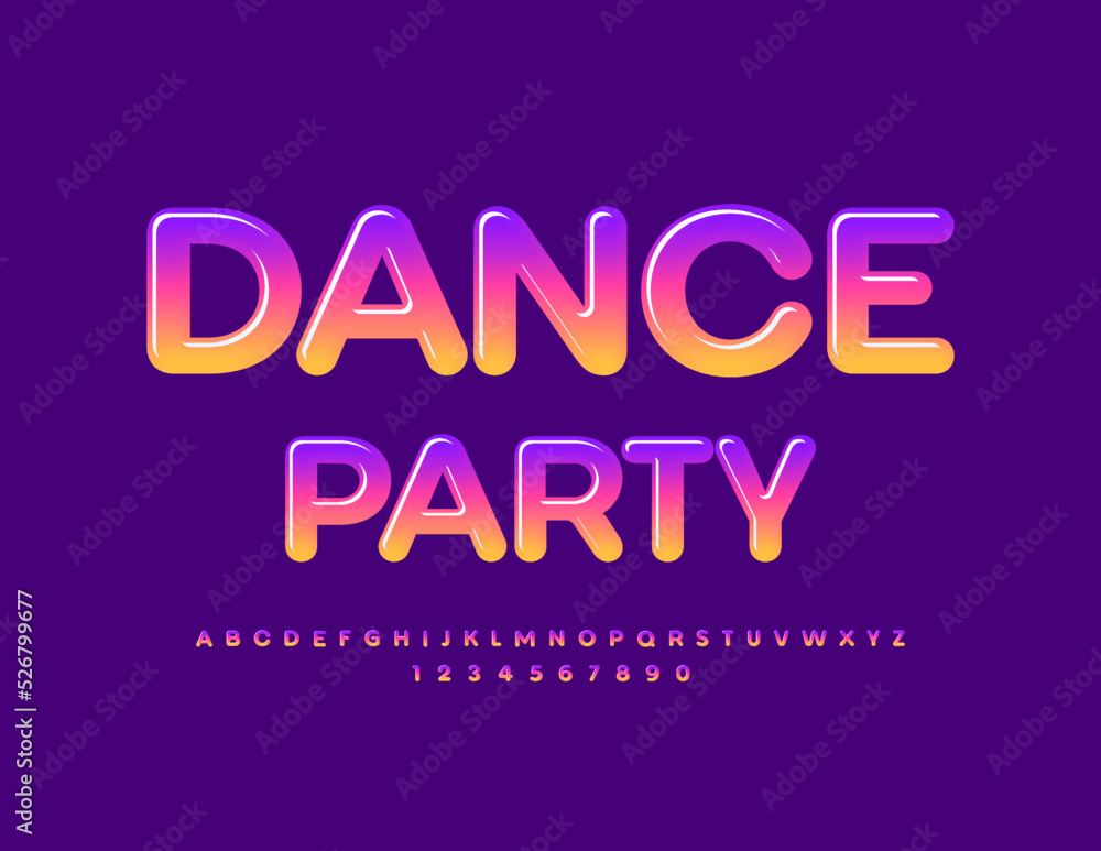 Vector glossy emblem Dance Party. Bright Colorful Font. Modern set of Alphabet Letters and Numbers