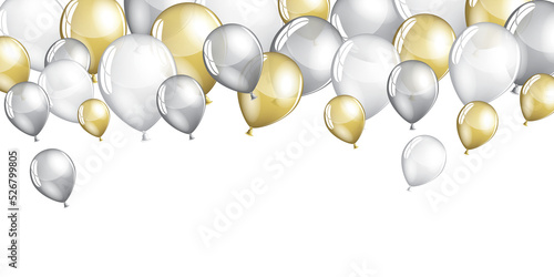 Silver and gold balloons and confetti illustration on a white background - design banner for birthday, festive celebration event