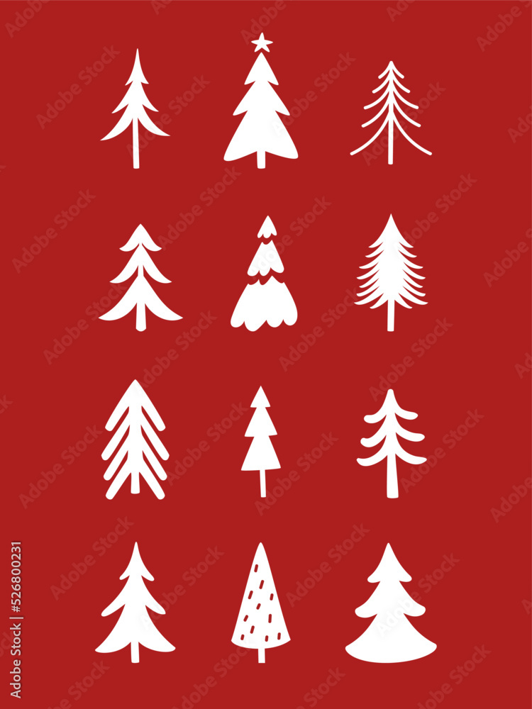 Obraz premium Christmas trees different styles illustration, red vector Christmas greeting card design.