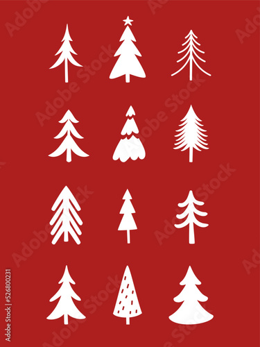 Christmas trees different styles illustration, red vector Christmas greeting card design.