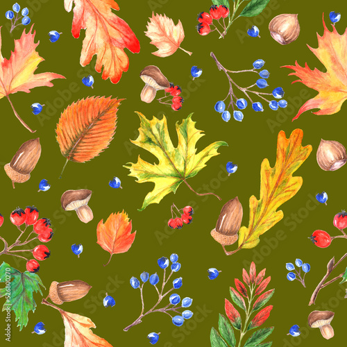 Autumn pattern with hand drawn watercolor paints. Bright leaves are painted in colorful colors.