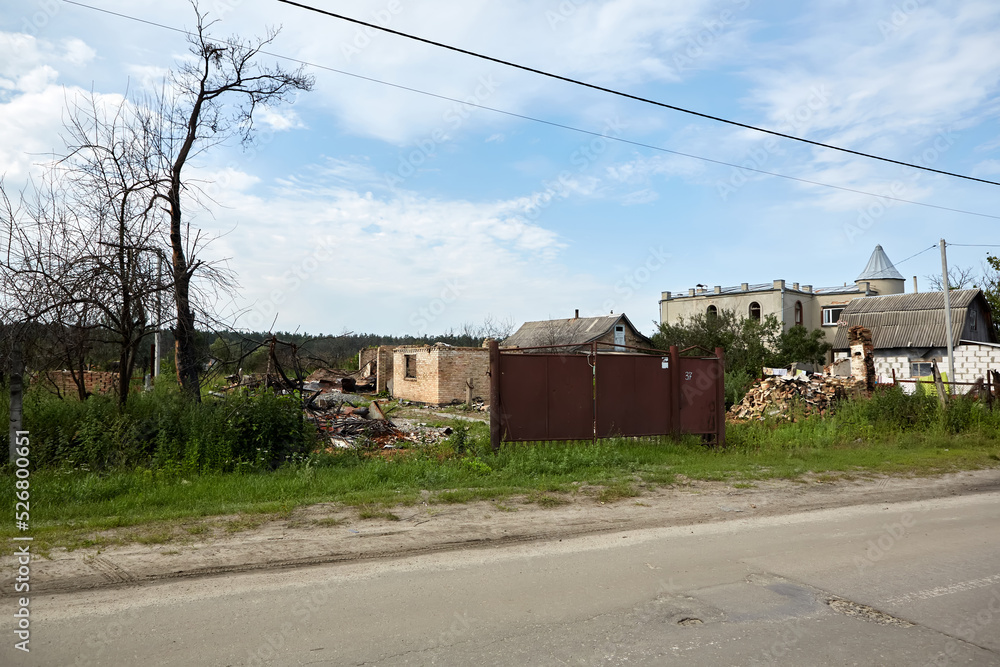 Moshchun, Ukraine - August 25, 2022: For more than a month there were battles between Ukrainian and russian occupant forces in the vicinity of the village of Moshun in the Kiev region. Moshchun, Ukraine - August 25, 2022: For more than a month there were battles between Ukrainian and russian occupant forces in the vicinity of the village of Moshun in the Kiev region.