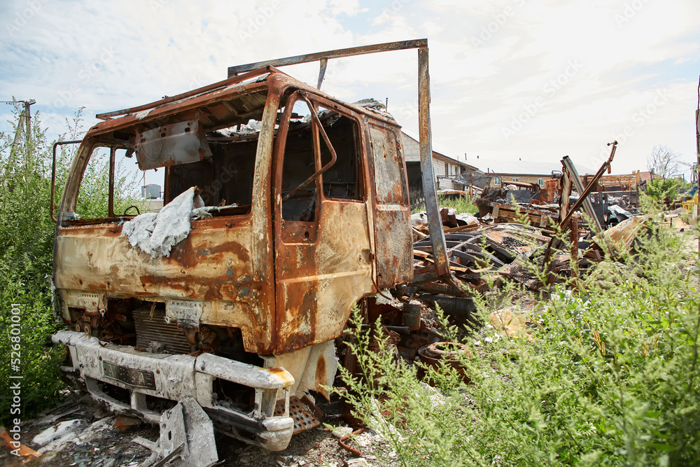 Fototapeta premium Horenka, Ukraine - August 25, 2022: the consequences of russian invasion in Kyiv region near Gostomel. Civil buildings were bombed and heavily damaged