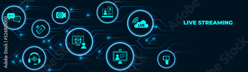 Streaming live background, online video stream icon, world digital internet TV banner design