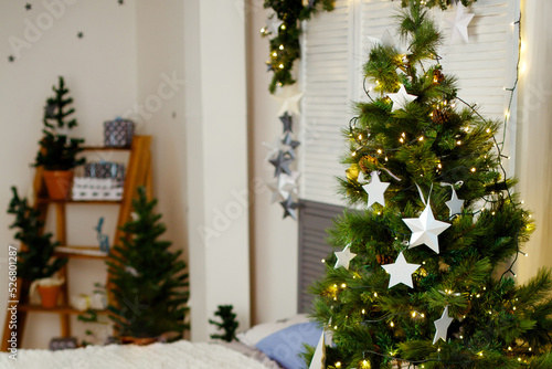 Christmas tree stands in room decorated for holiday. New Year and Christmas background