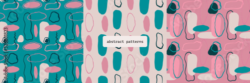 Abstract patterns Pacific pink 3 in 1. Set of pink abstract vector patterns design backgrounds for posters prints booklets and postcards. Fashionable design template. Retro hippie pattern.