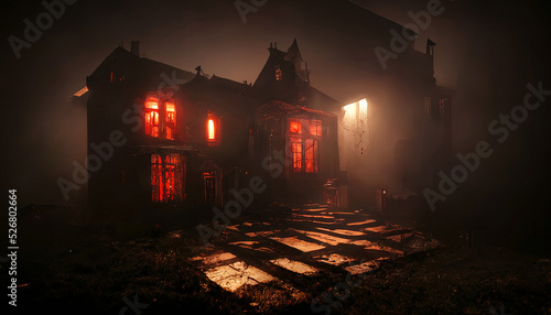 Dark atmospheric horror background. Haunted house. Dramatic sky  old  abandoned house  light in the windows. 3D illustration.