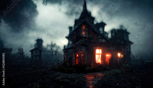 Dark atmospheric horror background. Haunted house. Dramatic sky  old  abandoned house  light in the windows. 3D illustration.